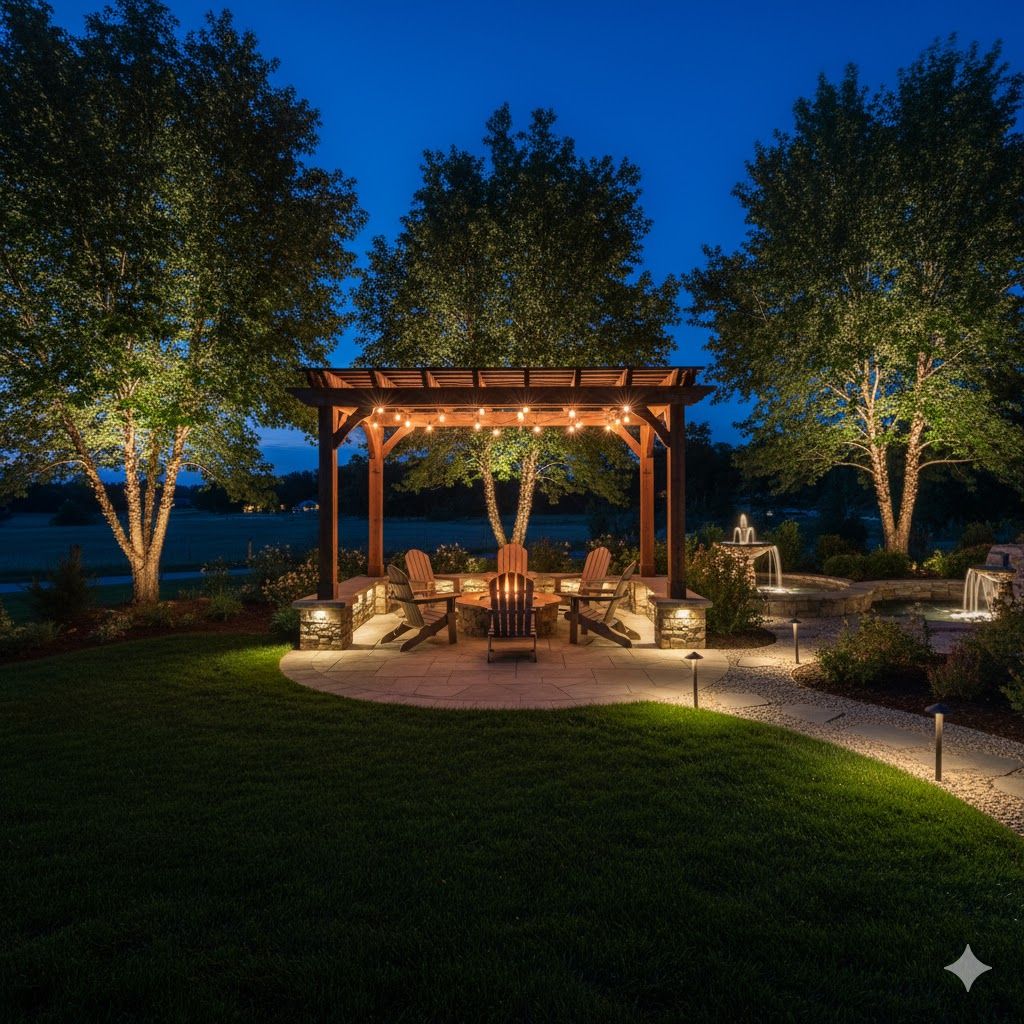 Residential landscape lighting at dusk in Apex