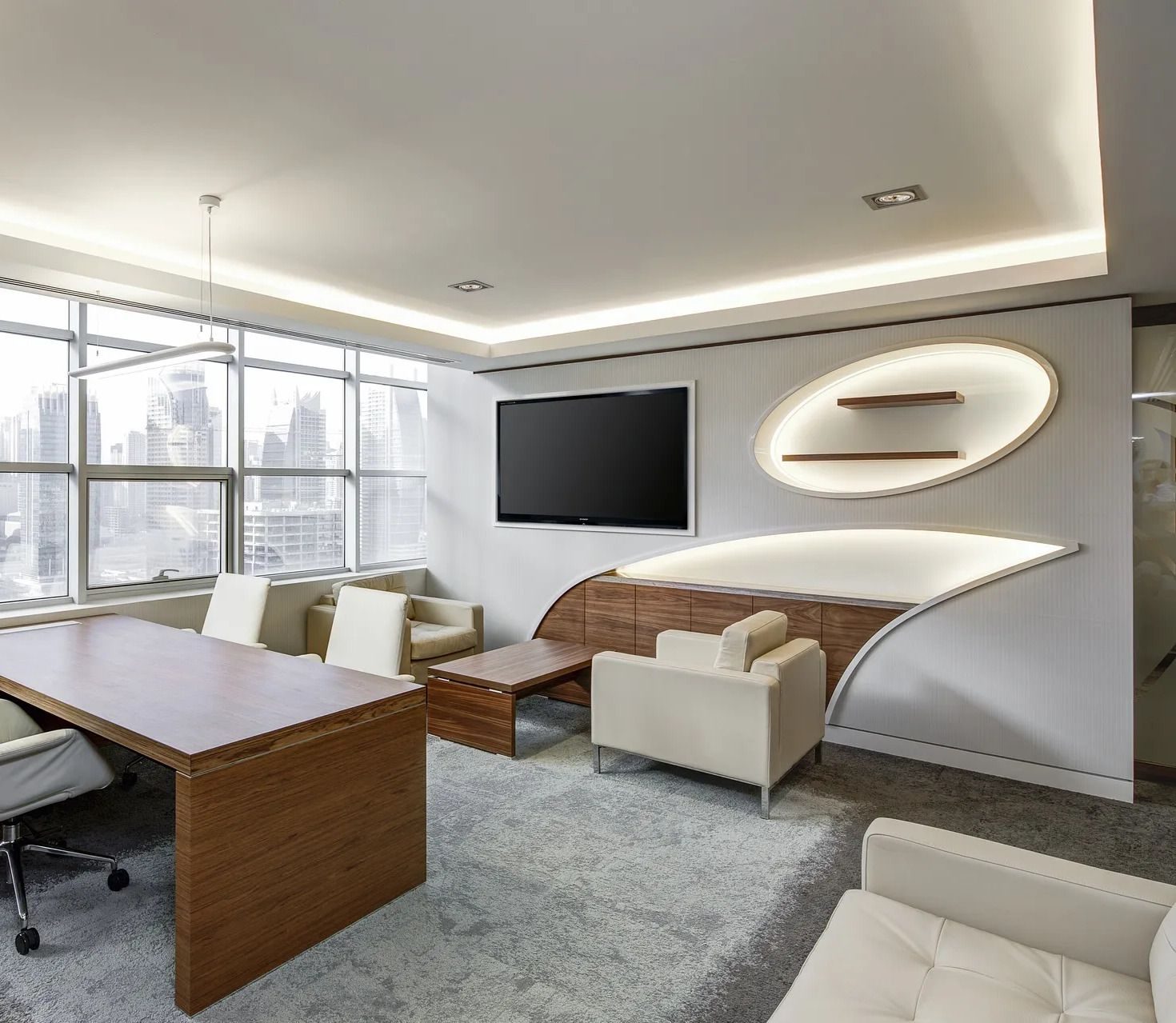 Modern commercial office interior with lighting in Knightdale