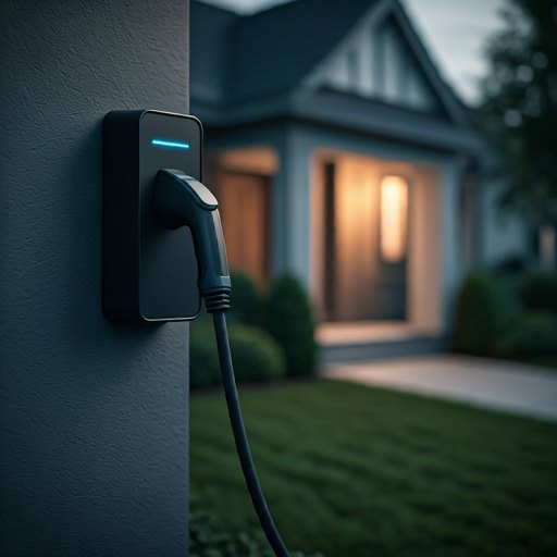 Wall-mounted residential EV charger at dusk