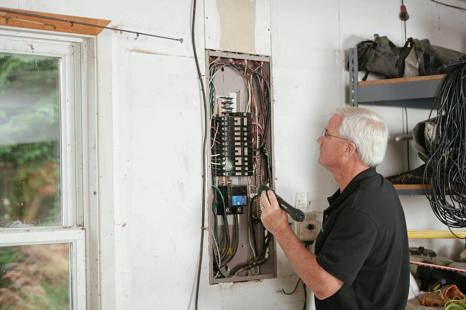 Electrician servicing an electrical panel in a Raleigh home