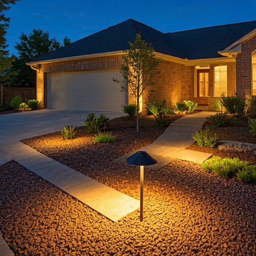 Residential landscape lighting at dusk in Rolesville